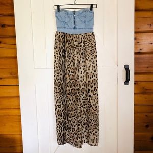 Denim Animal Print Strapless Maxi Dress Si…